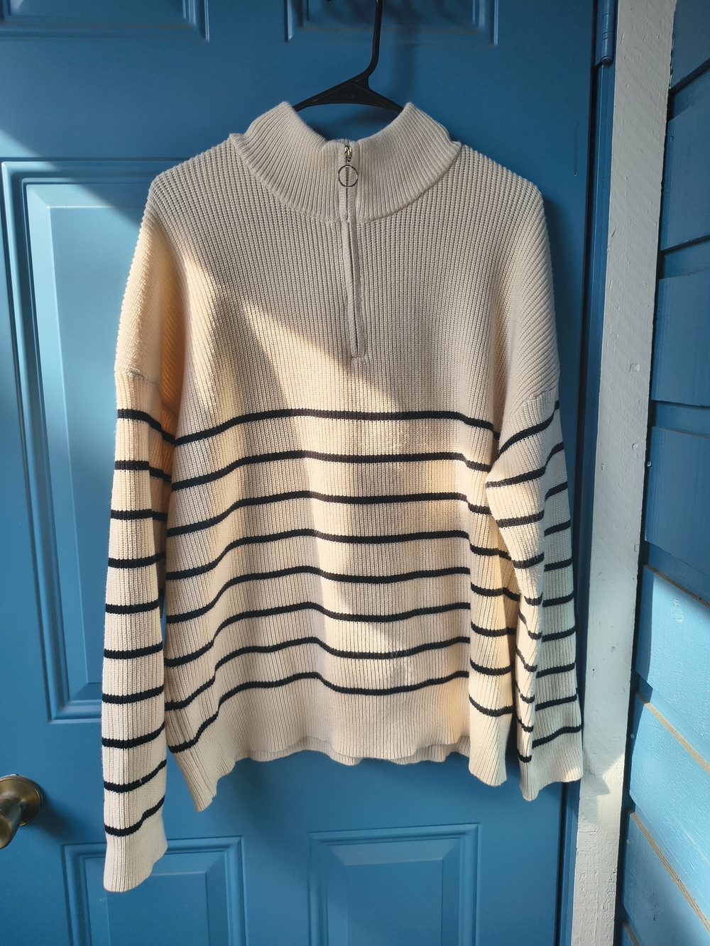 Cream Stripe Half-Zip Turtleneck Sweater